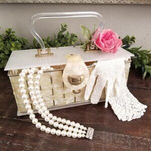 Vintage 1950's Pearlized Cream & White Woven Lucite Hard Shell Purse Handbag